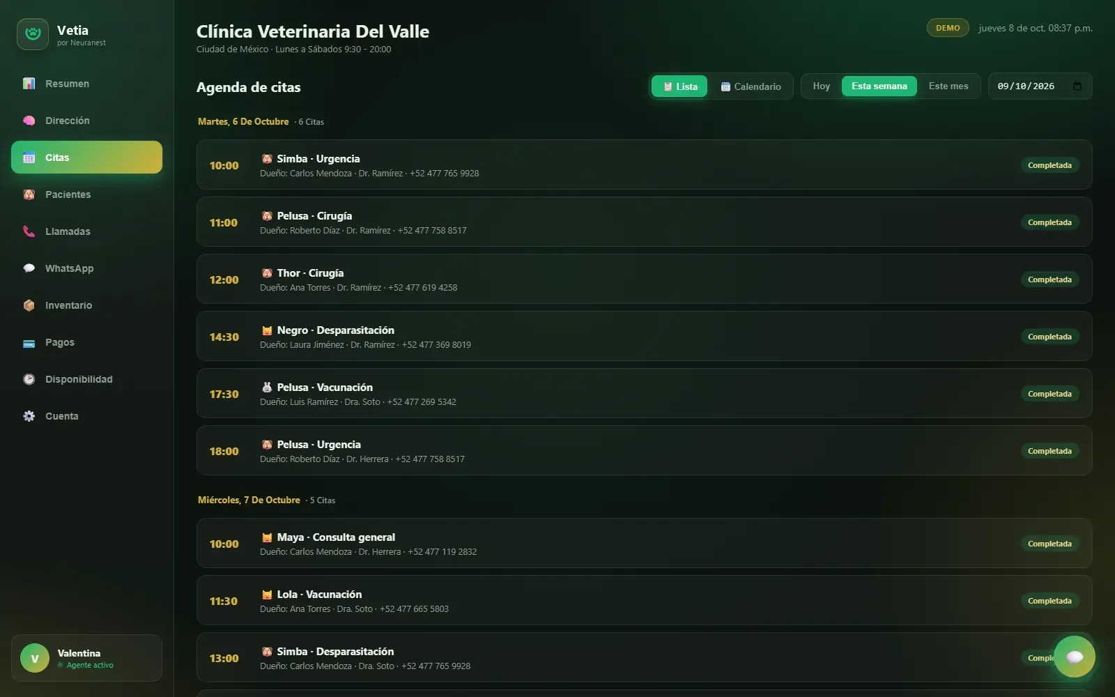 Agenda de citas de la clínica en el panel Vetia