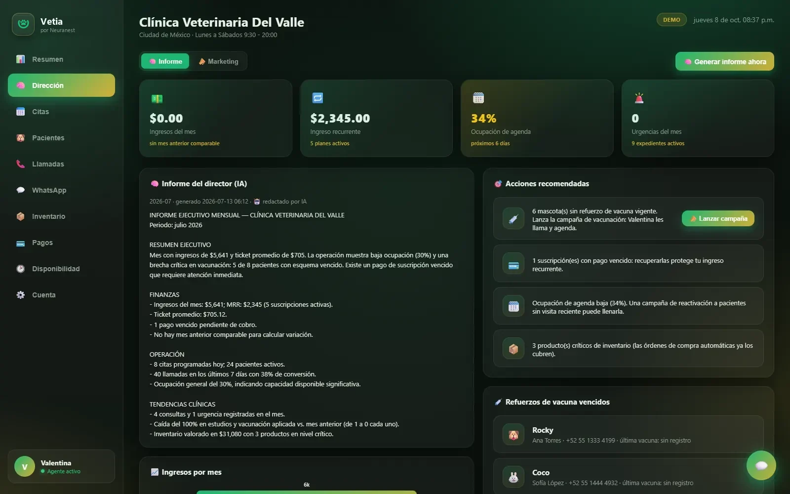 Informe del director con IA en el panel Vetia